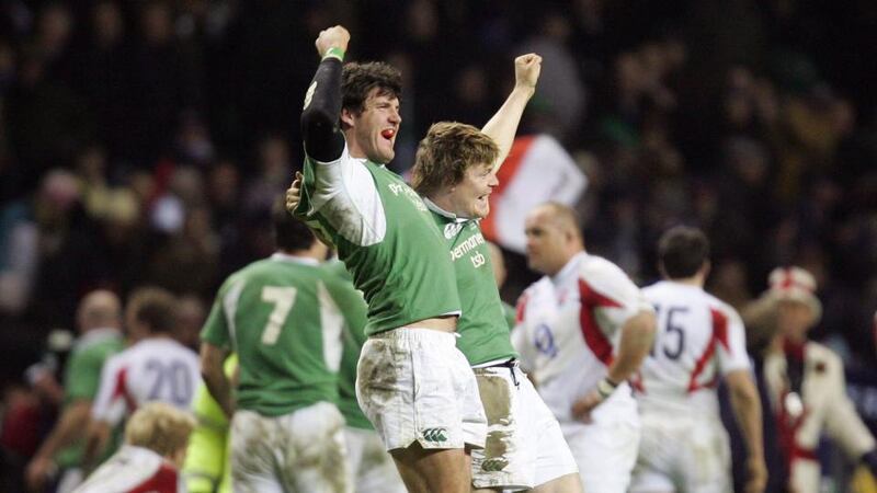 Ireland’s Shane Horgan and  captain Brian O’Driscoll celebrate beating England and winning the Triple Crown  at Twickenham in  2006. Photograph: Stephen Hird/Reuters