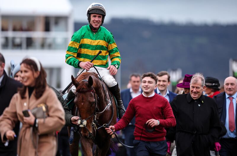 Derek O'Connor onboard Corbetts Cross after winning The Maureen Mullins National Hunt Challenge Cup Amateur Jockeys' Novices' Chase at the Cheltenham Festival in March. Photograph: ©INPHO/Tom Maher
