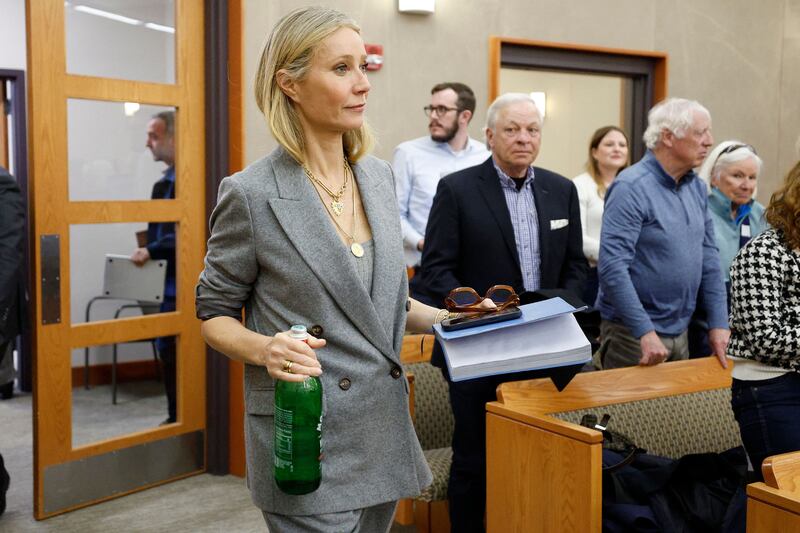 Her grey blazer and matching trousers were oversized and slouchy, softened further by pairing with a thin ribbed knitted top instead of a standard shirt. Photograph: Jeff Swinger/AFP/Getty Images