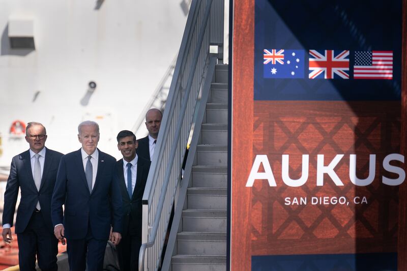 The leaders of Australia, the US and the UK, Anthony Albanese, Joe Biden and Rishi Sunak at Point Loma naval base in San Diego on Monday. Photograph: Stefan Roussea/PA