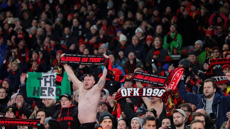 Ostersunds FK fans salute their players after the match. Photograph: Eddie Keogh/Reuters