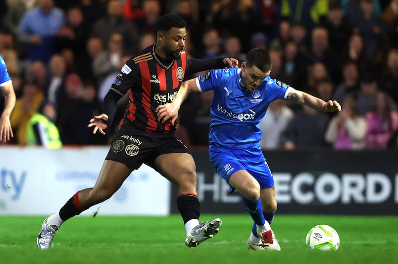 Bohemian's Lys Mousset competes for the ball with Darragh Leahy of Waterford. Photograph: Bryan Keane/Inpho