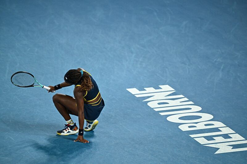 USA's Coco Gauff reacts after a fall while playing against Belarus' Aryna Sabalenka during the Australian Open semi-final. Photograph: Lillian Suwanrumpha/AFP via Getty Images 