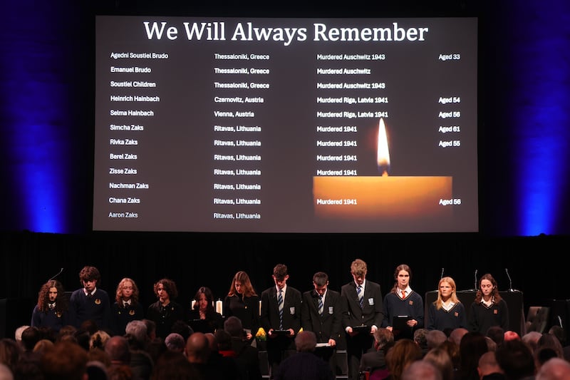 Students read out the names of victims of the Holocaust during a Memorial Day Commemoration by Holocaust Education Ireland at Dublin's Mansion House last year.
Photograph: Alan Betson