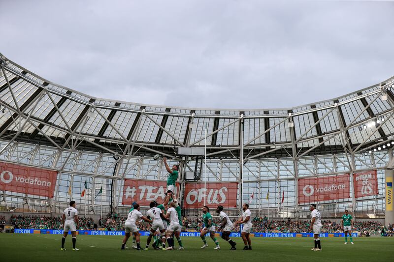 Ireland's Peter O'Mahony soars high to claim a lineout during the victory over England at the Aviva Stadium. Photograph: Dan Sheridan/Inpho 