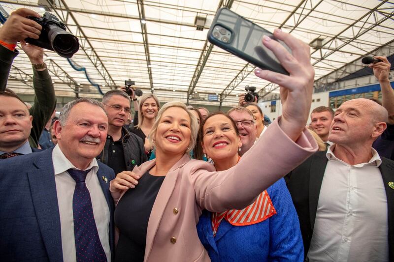 Vice-president of Sinn Féin Michelle O'Neill takes a group selfie at the Magherafelt Meadowbank sports centre in Magherafelt, Co Derry, as it became clear the party had secured a historic result in the 2022 Assembly elections. Photograph: Paul Faith/AFP/Getty