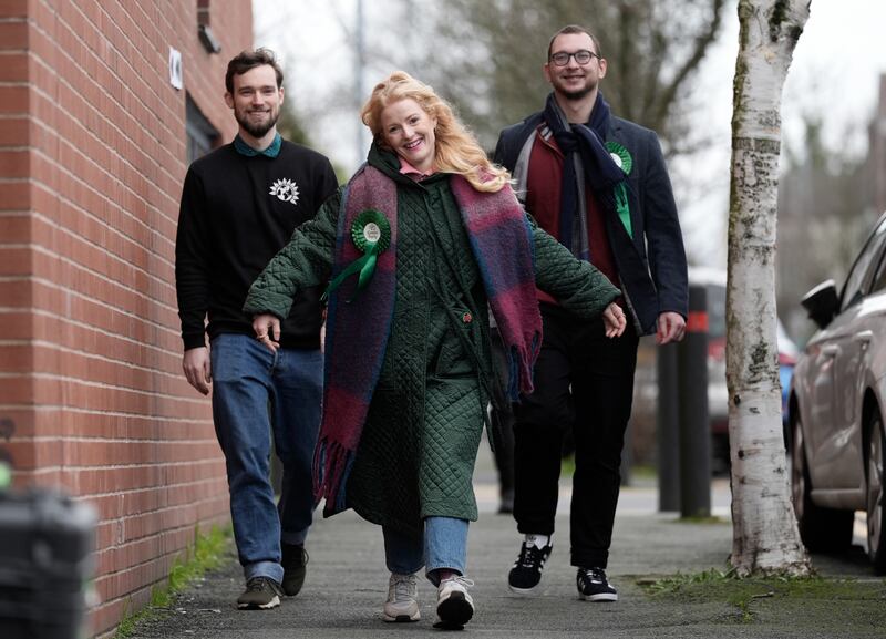 Hannah Spencer arriving at a polling station for the this week's byelection in Greater Manchester. Photograph: Peter Byrne/PA Wire