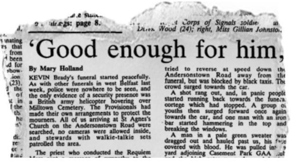 Mary Holland’s report on the front page of The Irish Times, March 21st 1988.