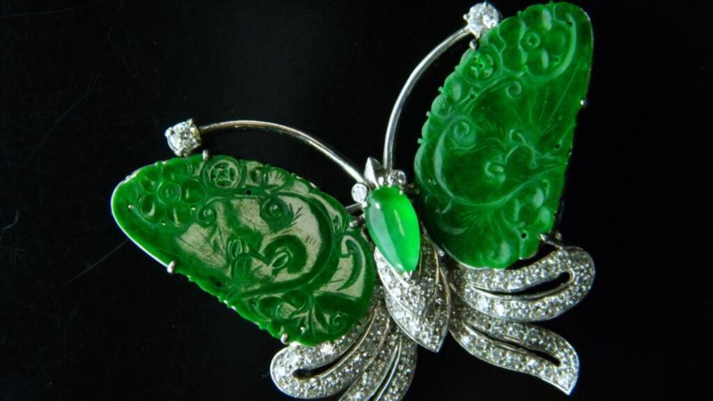 For auction John Weldon Auctioneers: a diamond- and jade-set butterfly brooch set in 18ct gold (€1,500-€2,500)