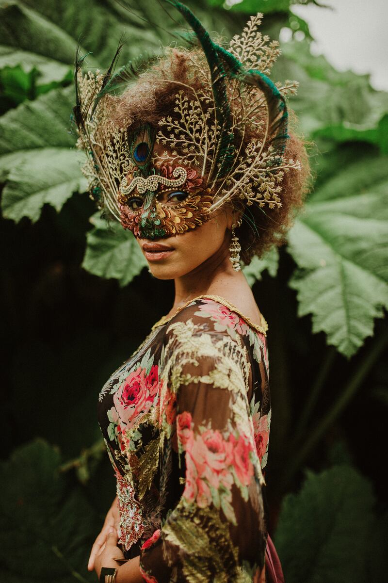Princess Peacock mask € 258, Bed of Roses antique chiffon kaftan€        822, Devi belt €129. Photograph: Kate Bean