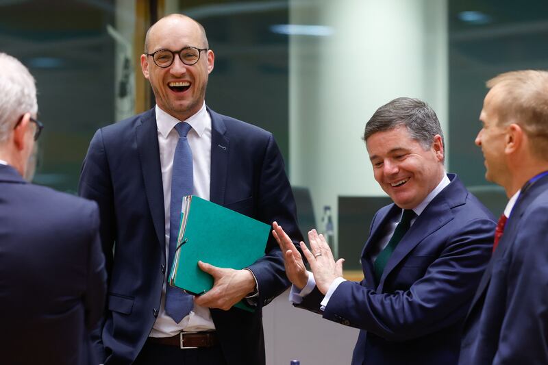 Eurogroup president and Minister for Finance Paschal Donohoe speaks with colleagues at a meeting of the European Council in Brussels in July.  He could lose his presidency if he has to step down as finance minister. Photograph: Stephanie Lecocq/EPA/Shutterstock