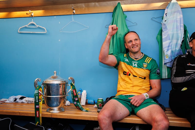 Donegal's Michael Murphy in the dressing room with the Anglo Celt Cup after the game. Photograph: Ben Brady/Inpho