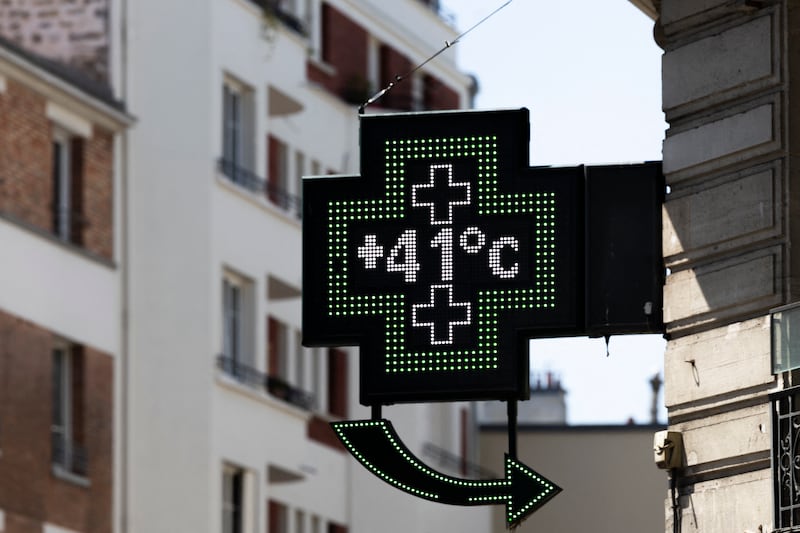 A pharmacy sign indicating a temperature of 41 degrees in central Paris on Tuesday. Photograph: Sébastien Dupuy/AFP via Getty Images