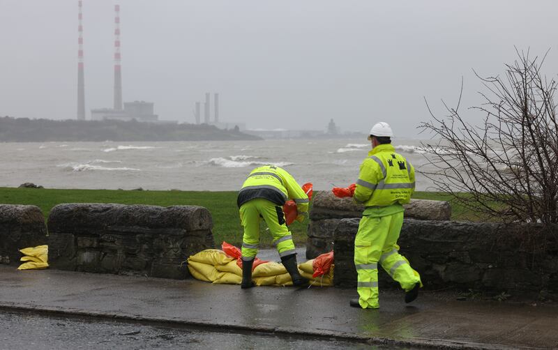 Sandymount strand in South Co Dublin where barriers were erected and sandbags located to combat the high tides on Tuesday and guard against flooding in the area. Photograph: Bryan O’Brien