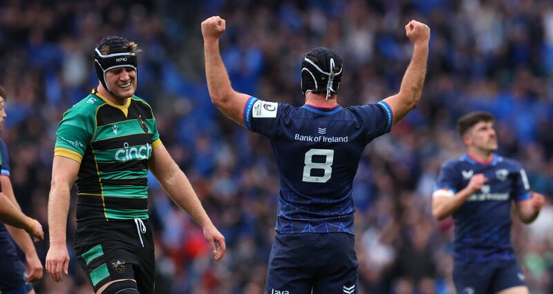 A dejected Alex Coles of Northhampton Saints as Caelan Doris of Leinster celebrates. Photograph: James Crombie/Northampton