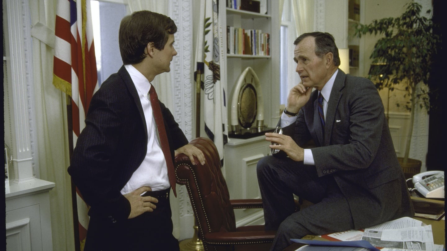 Going negative: George HW Bush with his strategist Lee Atwater. Photograph: Cynthia Johnson/Getty Images