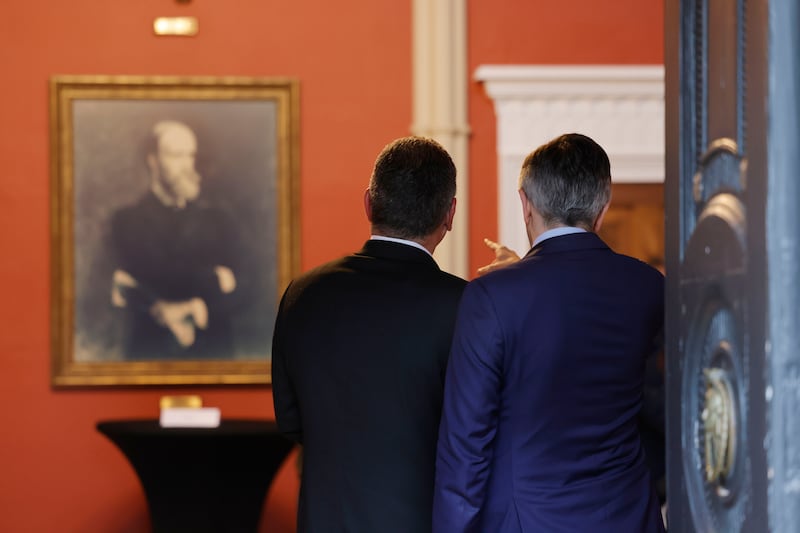 The Tánaiste shows EU Commissioner Maroš Šefčovič a portrait of Charles Stewart Parnell in Avondale House, Co Wicklow, last month. Photograph: Alan Betson
