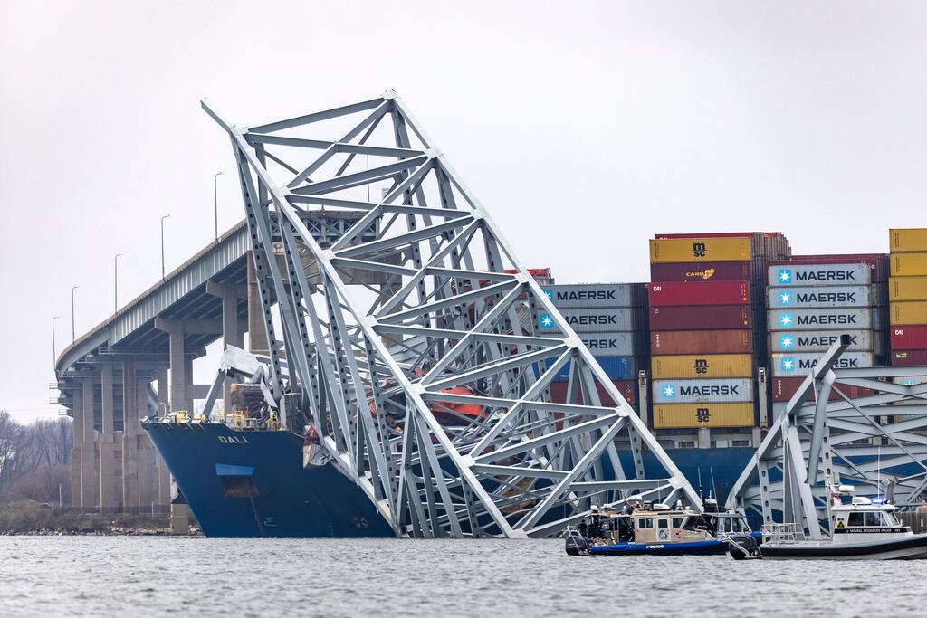 Wreckage from the Francis Scott Key Bridge lies on top of the cargo ship Dali after the vessel lost power and hit the structure in Baltimore on Tuesday. Photograph: Jim Lo Scalzo/EPA
