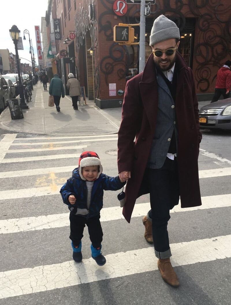 Jeffers strolling in New York with his son, Harland. Photograph:  Oliver Jeffers