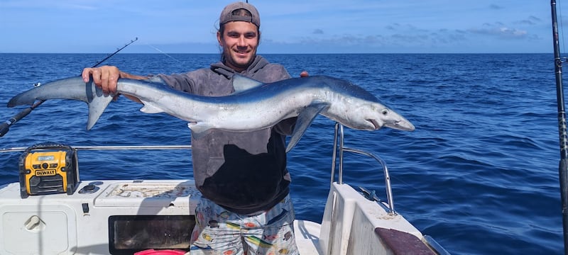 Sebastian Achim with a smaller blue shark that was caught by another crew member.