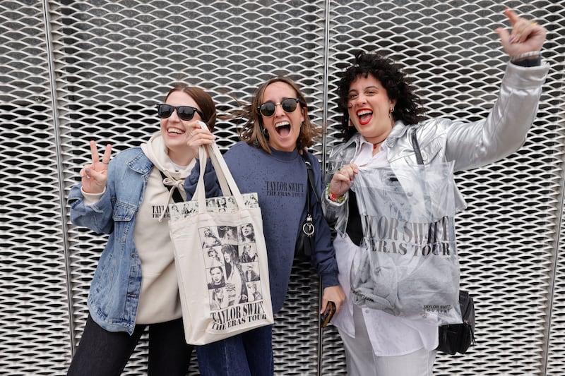 Natalia Martinez, Marta Barra and Rocio de la Portilla from Spain with their Taylor Swift purchases. Photograph: Alan Betson


