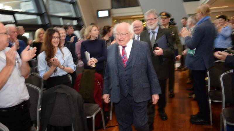 President Michael D Higgins  delivered the  keynote address at the Social Justice Ireland Policy Conference in Dublin. Photograph: Dara Mac Dónaill