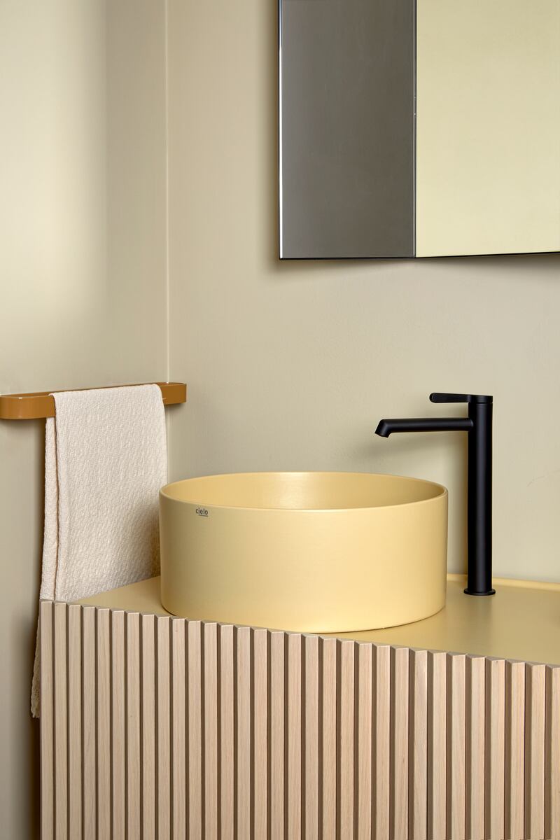 Cielo Shui Comfort basin in canapa finish in primrose yellow, from about €1,033, ex delivery from UK-based CP Hart
