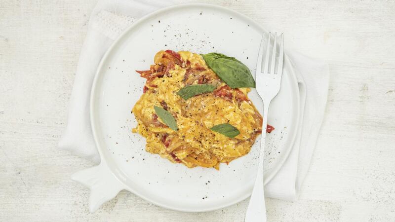 Smoky piperade with chorizo. Photograph: Harry Weir