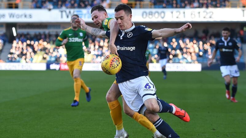 Ireland internationals Shaun Williams of Millwall is challenged by Alan Browne of Preston North End during the  Championship match  at The Den. Photograph: Harriet Lander/Getty Images