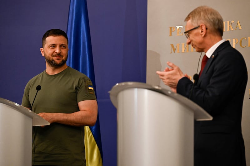 Ukrainian president Volodymyr Zelenskiy and Bulgarian prime minister Nikolai Denkov. Photograph: Nikolay Doychinob/AFP via Getty