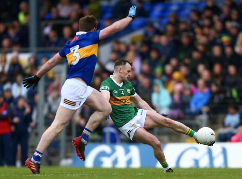 Kerry’s Tom O’Sullivan shoots at goal against Tipperary. He is comfortable raiding forward from his defensive berth to help the attack. Photograph: Ken Sutton/Inpho