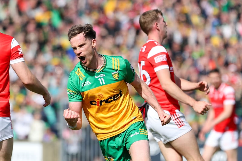 Ciarán Thompson celebrates a goal during Donegal's comprehensive All-Ireland SFC preliminary quarter-final win against Louth in Ballybofey, Co Donegal. Photograph: Lorcan Doherty/Inpho