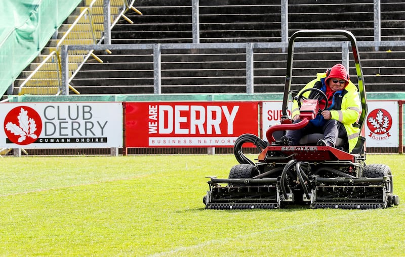 The pitch at Celtic Park being prepared ahead of Derry City’s Premier Division game against Shamrock Rovers on Friday. Photograph: Lorcan Doherty/Inpho