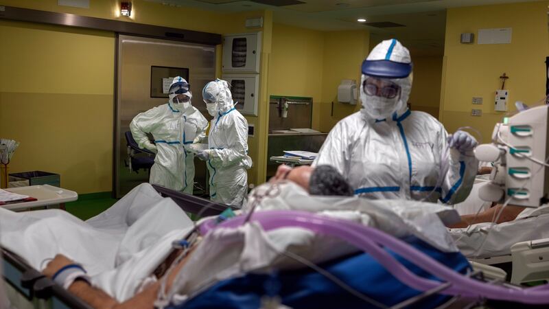 The intensive care unit for patients affected by the coronavirus at the Policlinico San Pietro hospital in Italy.  Photograph: Fabio Bucciarelli/The New York Times