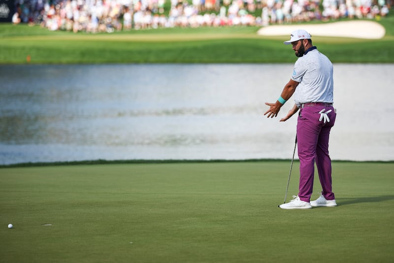 Jon Rahm reacts on the 17th green during the third round of the US PGA Championship at Quail Hollow. Photograph: Jared C Tilton/Getty Images