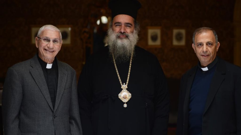 Church representatives from Palestine in Dublin yesterday. From left: Canon Naim Ateek, Archbishop Theodosius Hanna and the Rev Fr Peter Madros. Photograph: Cyril Byrne