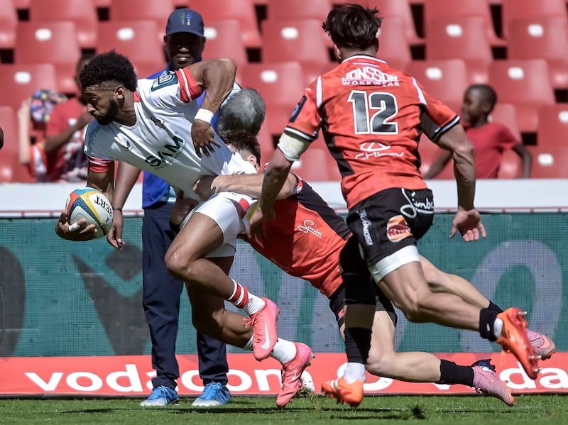 Ulster's Robert Baloucoune on his way to scoring a try against Emirates Lions in Johannesburg in October. Photograph: Christiaan Kotze/Steve Haag Sports/Inpho
