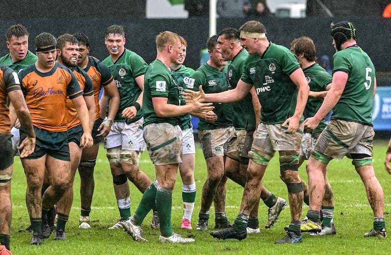 Ireland celebrate at the full-time whistle. Photograph: Darren Stewart/Inpho
