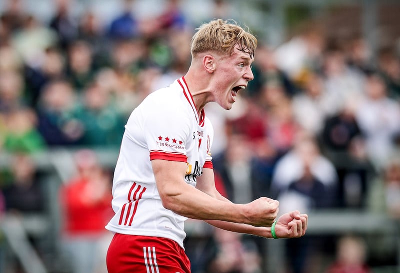 Tyrone's Peter Colton celebrates after scoring. Photograph: Tom Maher/Inpho
