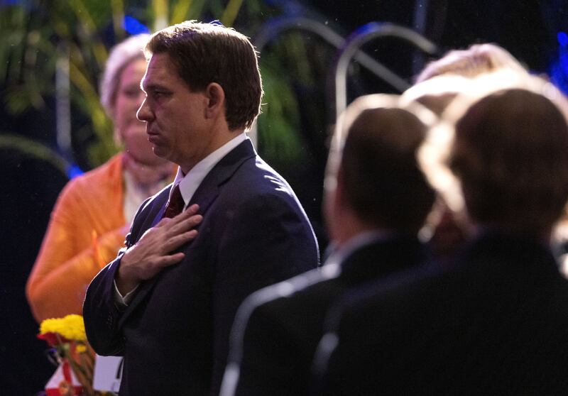 Governor Ron DeSantis attends the Florida Family Policy Council 18th Annual Dinner Gala at the Rosen Plaza Hotel in Orlando, Florida on Saturday. Photograph: Cristobal Herrera-Ulashkevich/EPA