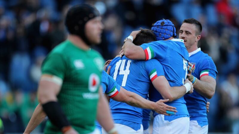Italy celebrates after scoring the team’s first try during the  Six Nations match between Italy and Ireland at Stadio Olimpico  in Rome on Sunday. Photograph:  Paolo Bruno/Getty Images