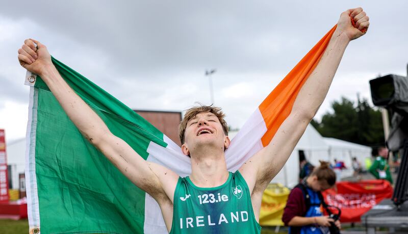 Ireland’s Nick Griggs celebrates winning a silver medal in the men's under-23 race at the 2024 European Cross Country Championships in Antalya, Turkey. Photograph: Morgan Treacy/Inpho