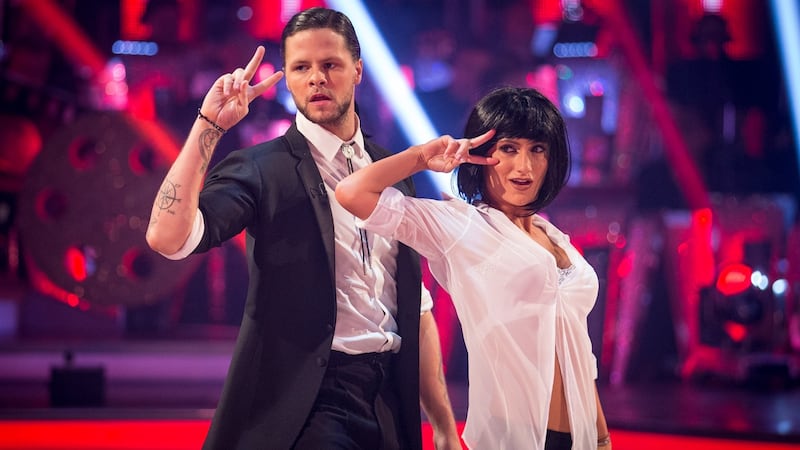 Jay McGuiness and his dance partner Aliona Vilani perform a Pulp Fiction-themed jive. Photograph: Guy Levy/BBC