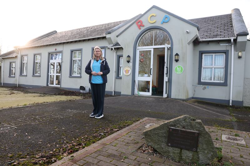 Fiona McCrabbe, manager of Raphoe Community Playgroup in Co Donegal, outside the condemed building. Photograph: Enda O'Dowd