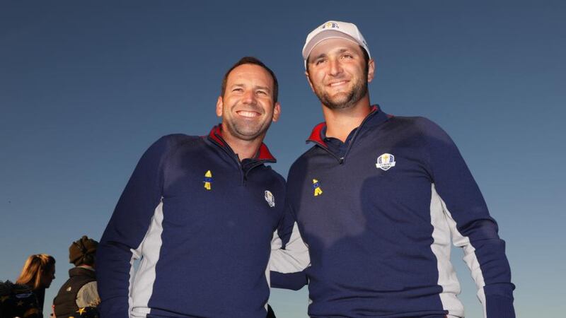 Sergio Garcia and Jon Rahm of Europe during a photocall ahead of the 2018 Ryder Cup at Le Golf National in Paris, France. Photograph: Christian Petersen/Getty Images