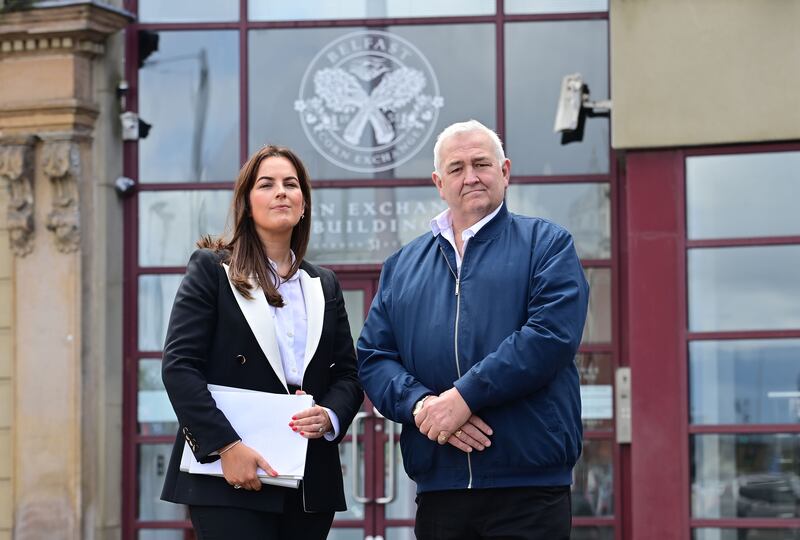 Glynn Brown  pictured with solicitor Claire McKeegan who will represent 32 families at the Corn exchange building in Belfast, ahead of the inquiry into the Muckamore Abbey Hospital inquiry  which begins on Monday. Photograph: Colm Lenaghan/Pacemaker/The Irish Times
