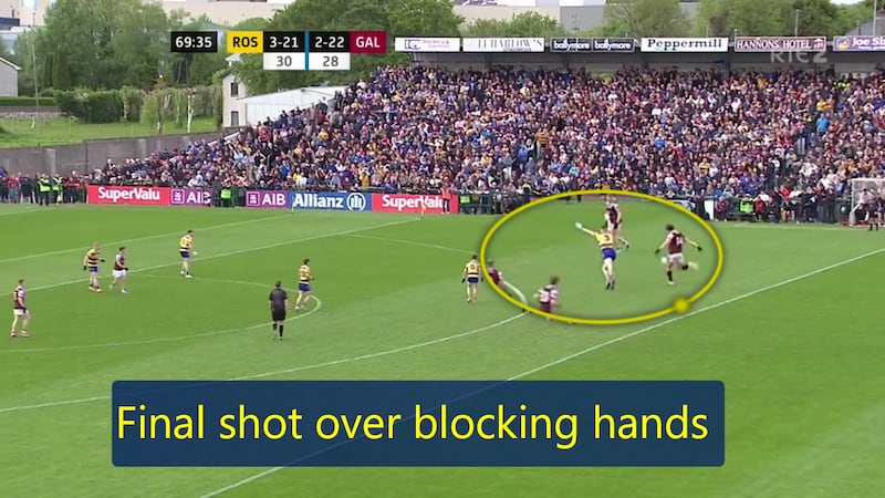 When the shot comes Walsh has been forced that bit wider and has to shoot over blocking hands