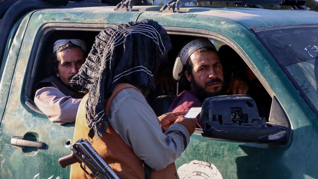 Taliban forces check people on a roadside checkpoint in Kabul, Afghanistan on Tuesday. Due to a humanitarian and socio-economic crisis, the EU promised €1 billion in emergency aid to Afghanistan during the G20 virtual summit this week. Photograph: EPA/Stringer