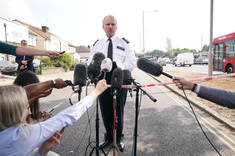 Metropolitan Police Chief Supt Sean Wilson speaking to the media at the scene near Cayton Road, Greenford, in west London, where Thomas O'Halloran was stabbed to death. Photograph: Jonathan Brady/PA
