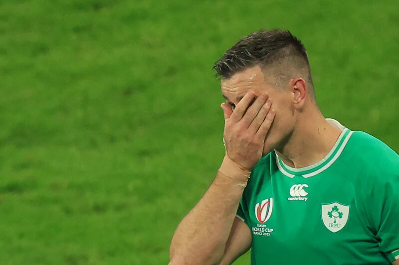 Johnny Sexton reacts after what is likely the final game of his career. Photograph: Emmanuel Dunand/AFP via Getty Images 